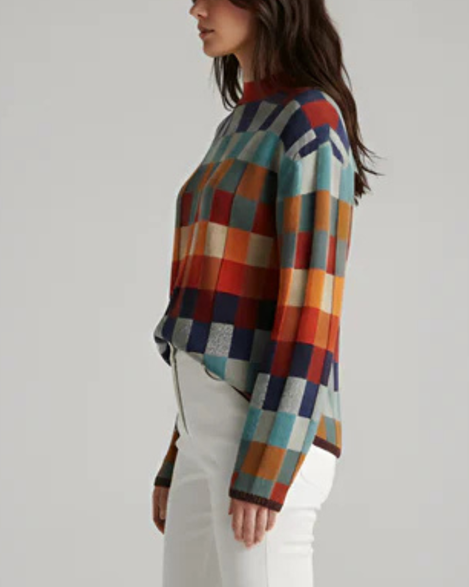 Women's Merino Wool Sweater Multi-Block Crew Neck Pullover