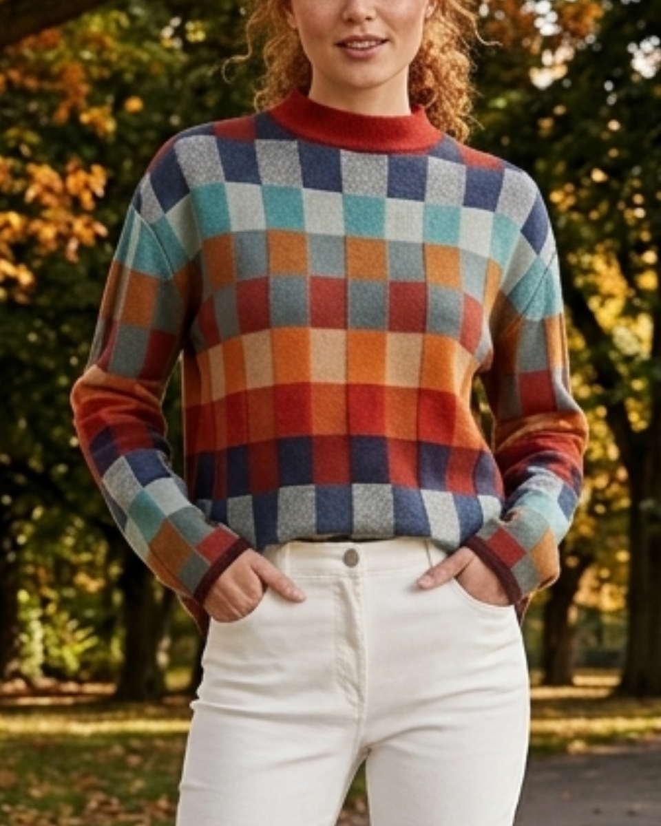 Women's Merino Wool Sweater Multi-Block Crew Neck Pullover