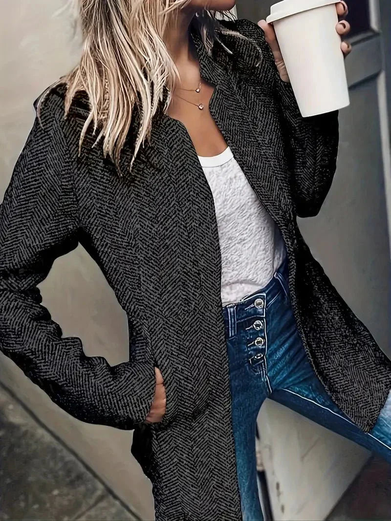 Women's Herringbone Wool Tailored Open Front Coat