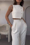 Ensemble deux pièces pour femme avec crop top boutonné à manches courtes en mélange de rayonne et pantalon