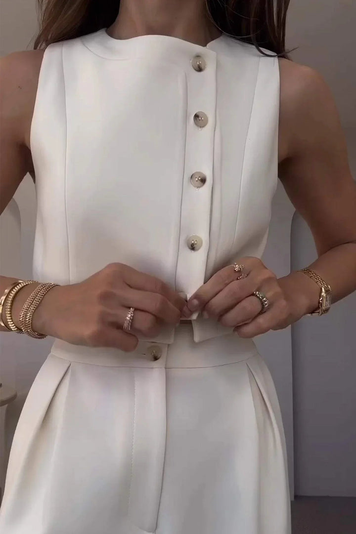 Ensemble deux pièces pour femme avec crop top boutonné à manches courtes en mélange de rayonne et pantalon