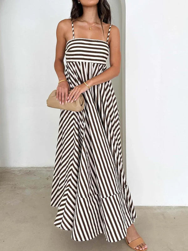 Women's Linen Striped Maxi Sundress Camisole Casual Dress