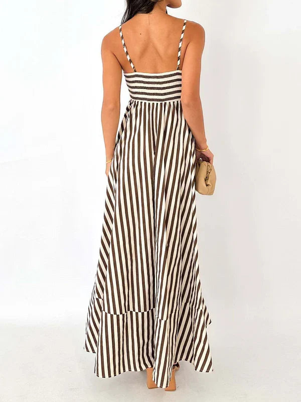 Women's Linen Striped Maxi Sundress Camisole Casual Dress
