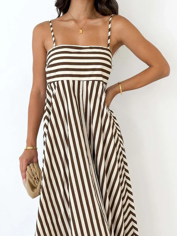 Women's Linen Striped Maxi Sundress Camisole Casual Dress