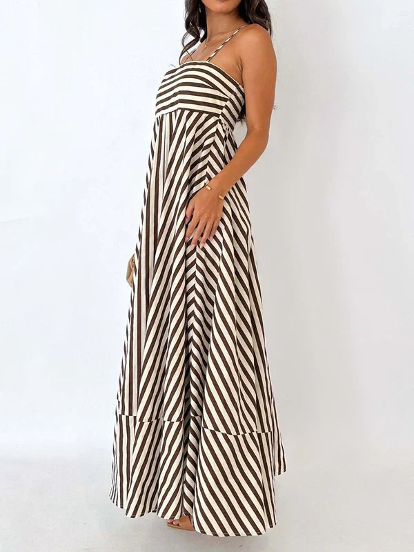 Women's Linen Striped Maxi Sundress Camisole Casual Dress