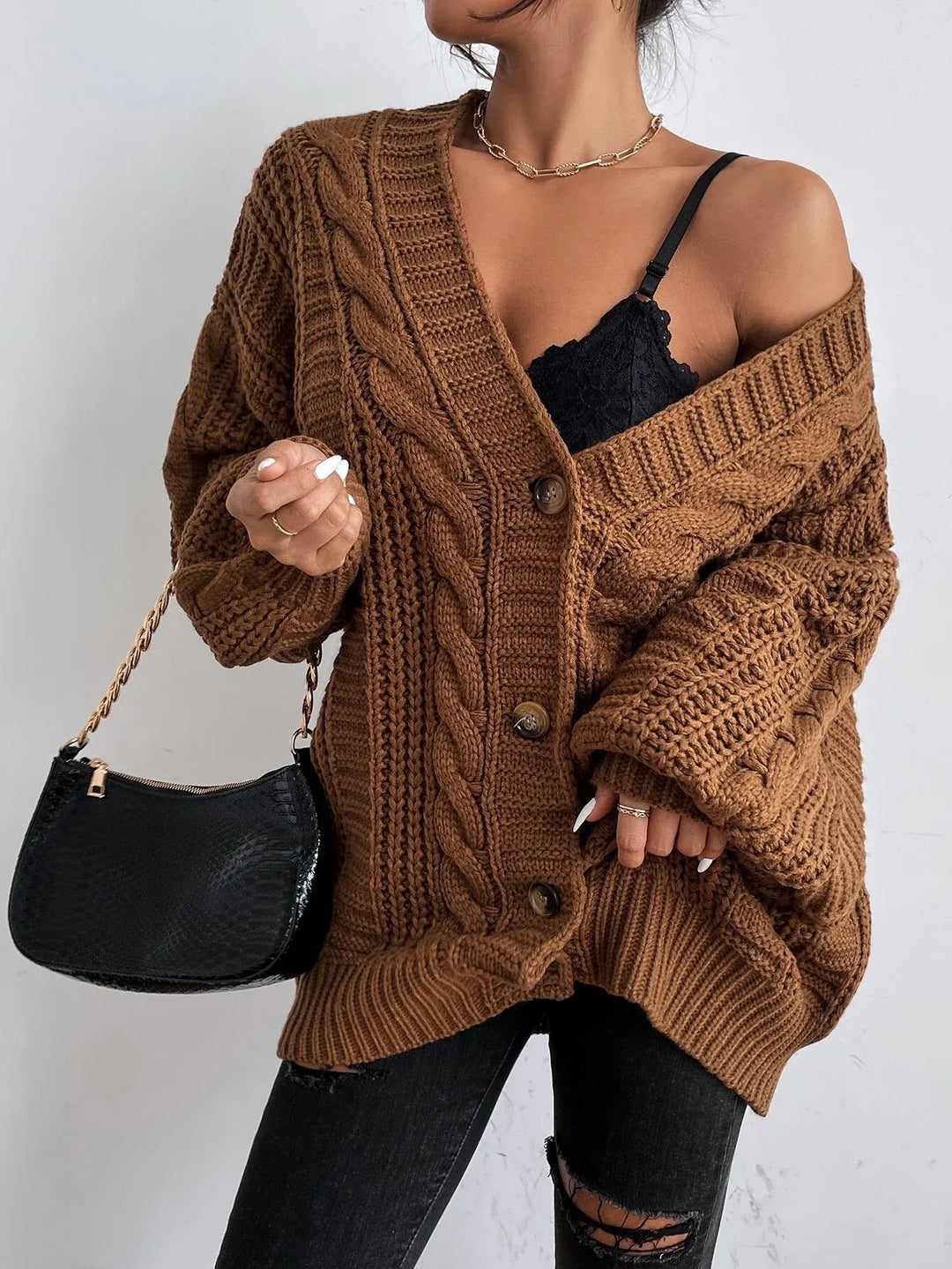 Women's Oversized Cable Knit Button-Up Cardigan