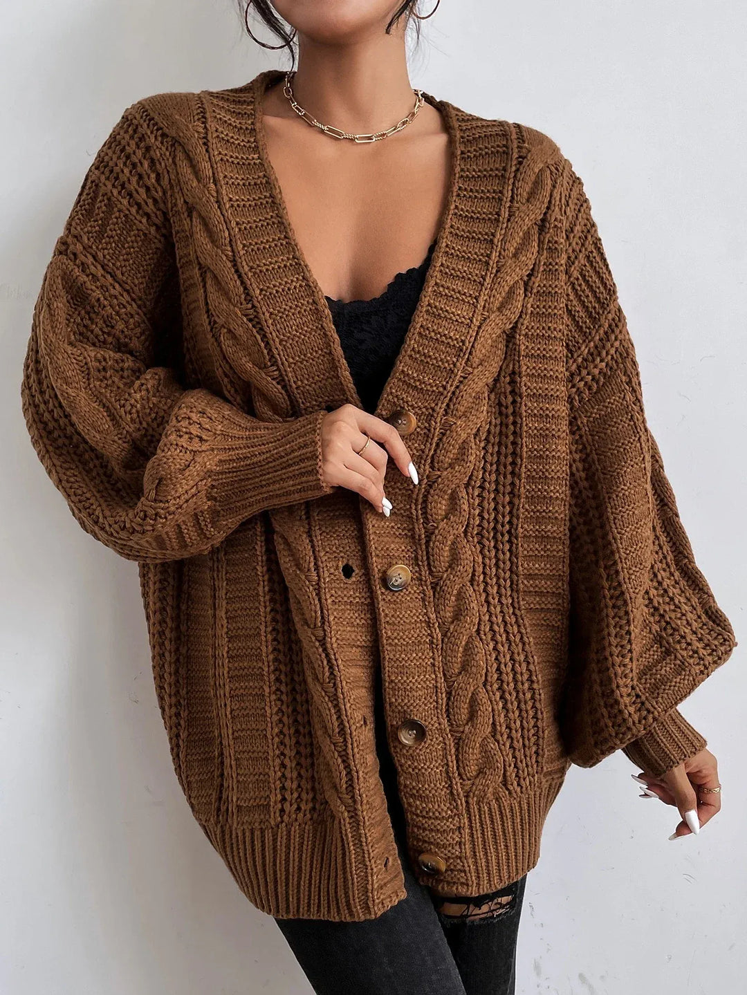 Women's Oversized Cable Knit Button-Up Cardigan