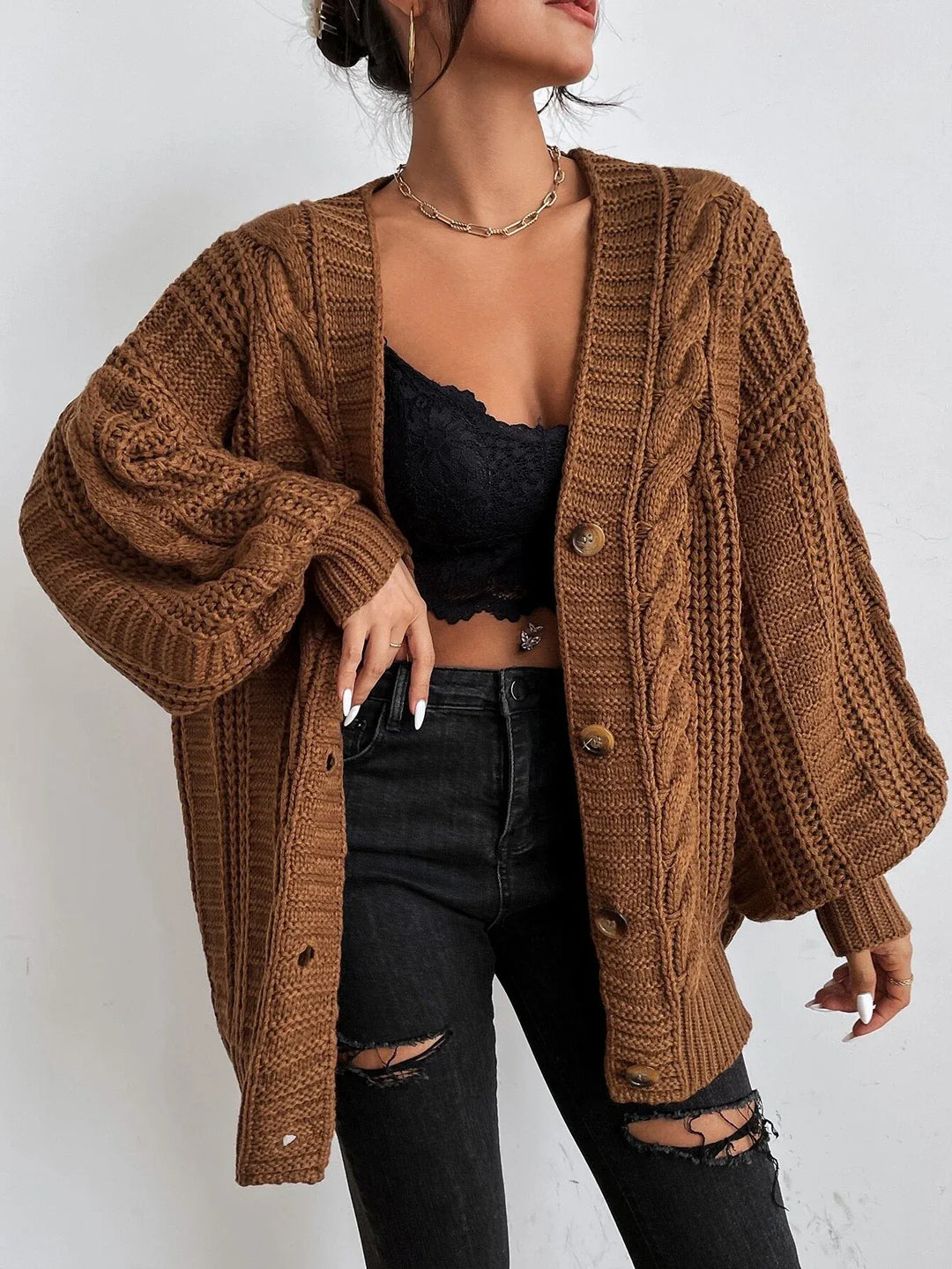 Women's Oversized Cable Knit Button-Up Cardigan