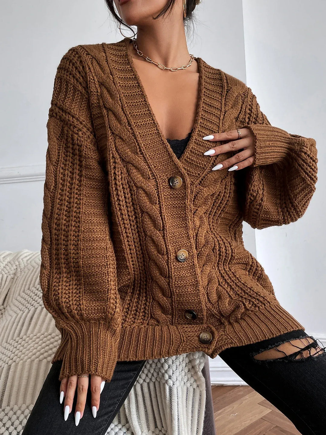 Women's Oversized Cable Knit Button-Up Cardigan