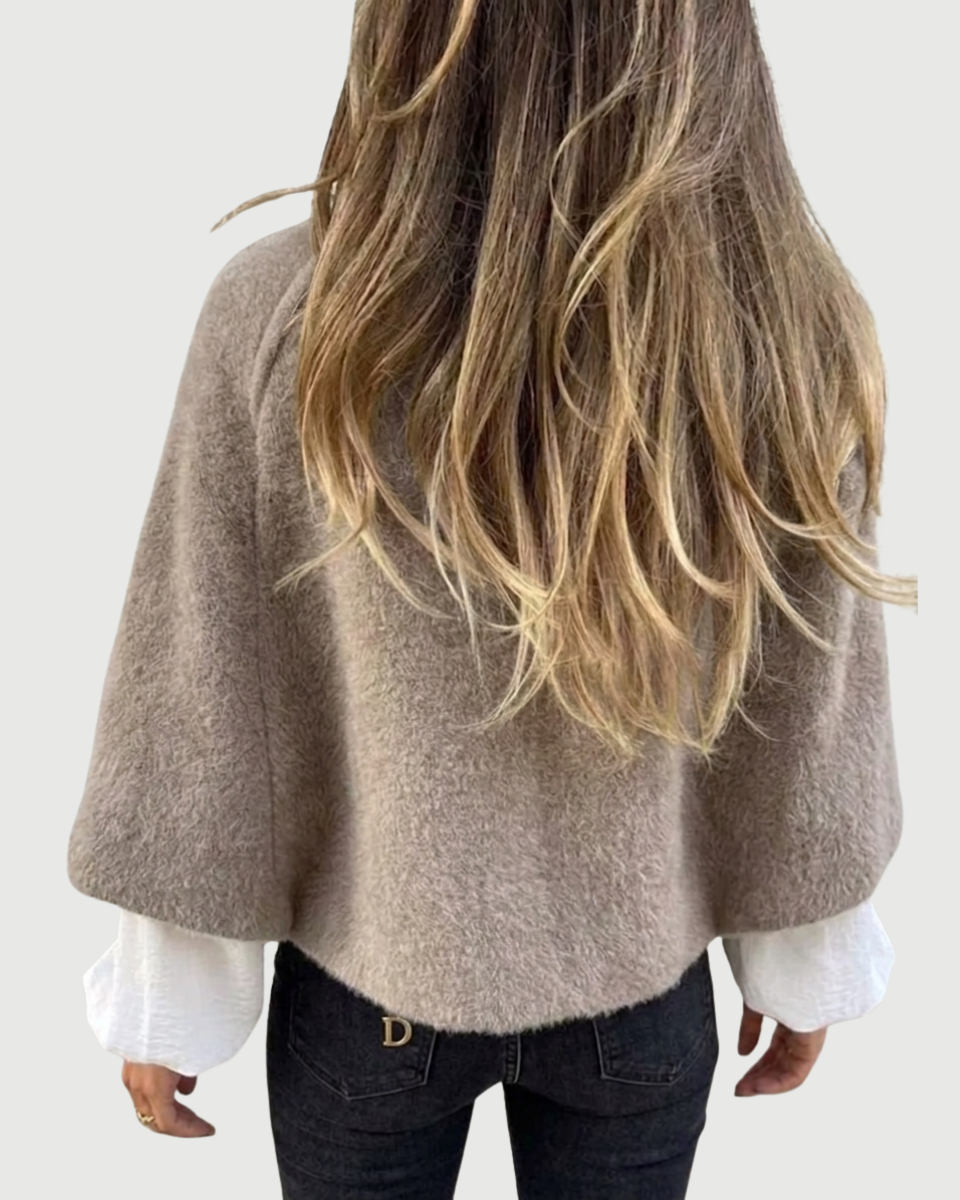 Wool Blend Cropped Round Neck Jacket Women's Knit Outerwear