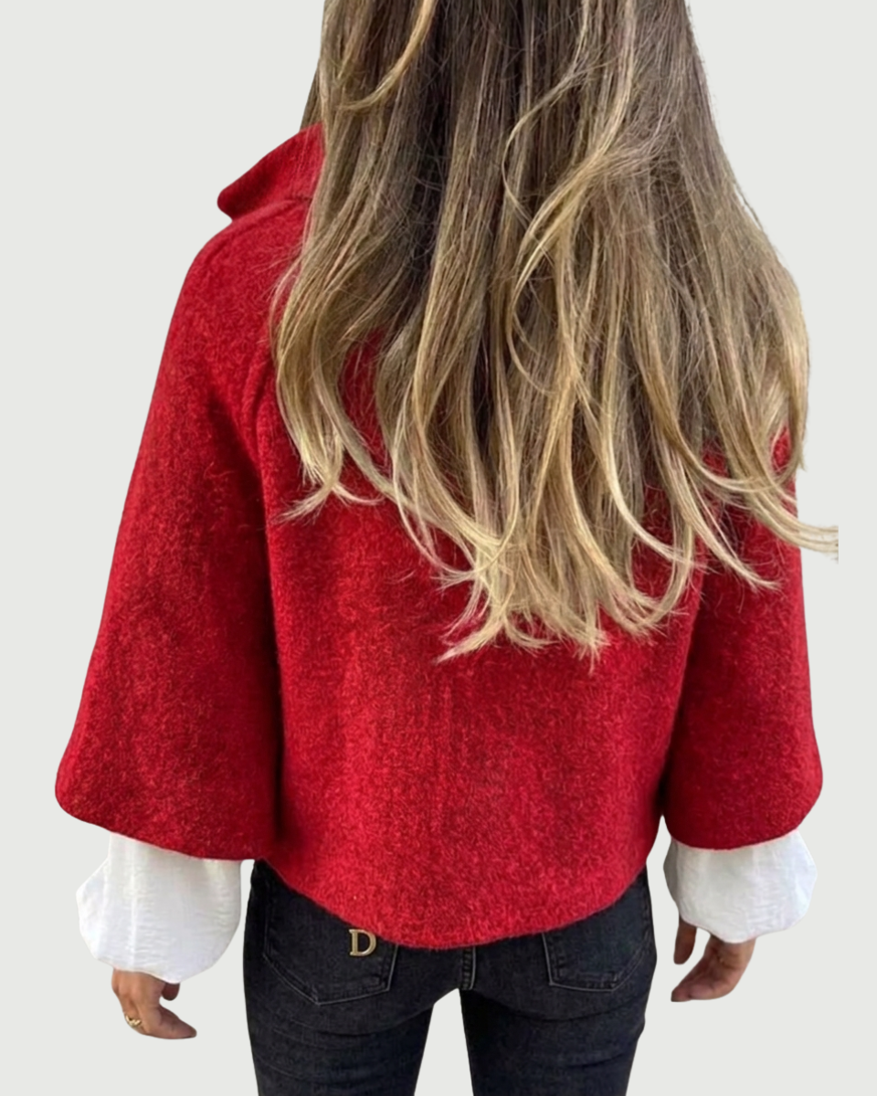 Wool Blend Cropped Round Neck Jacket Women's Knit Outerwear