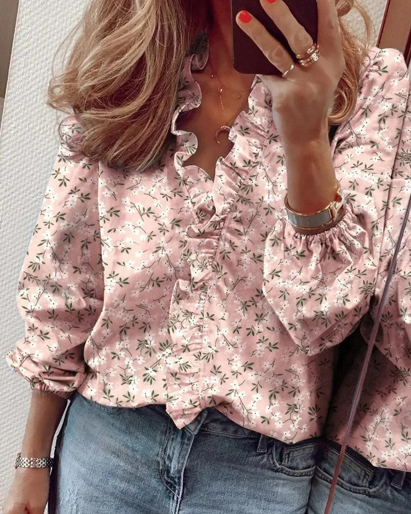 Women's Linen-Blend V-Neck Ruffle Long Sleeve Blouse