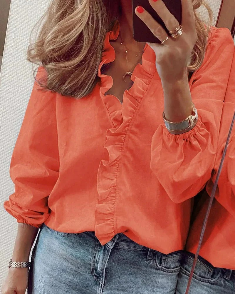 Women's Linen-Blend V-Neck Ruffle Long Sleeve Blouse
