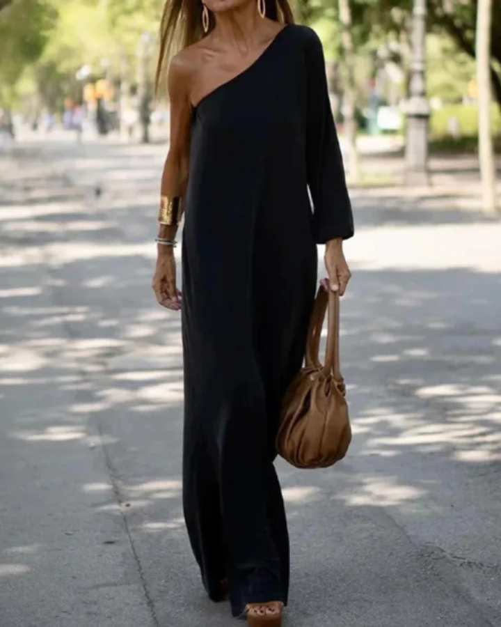 Robe maxi décontractée ample en lin pour femme, à manches longues et une épaule découverte
