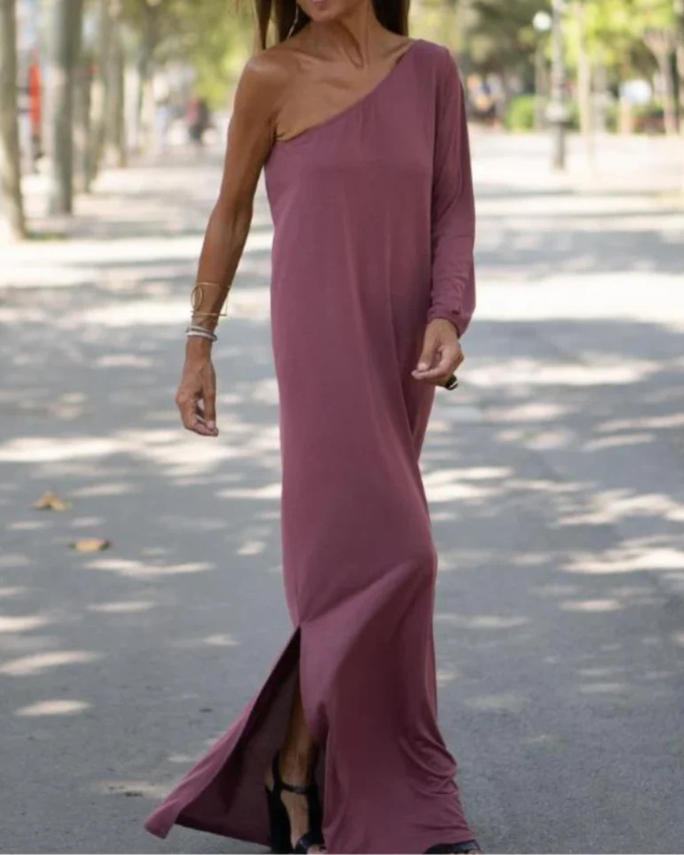 Robe maxi décontractée ample en lin pour femme, à manches longues et une épaule découverte
