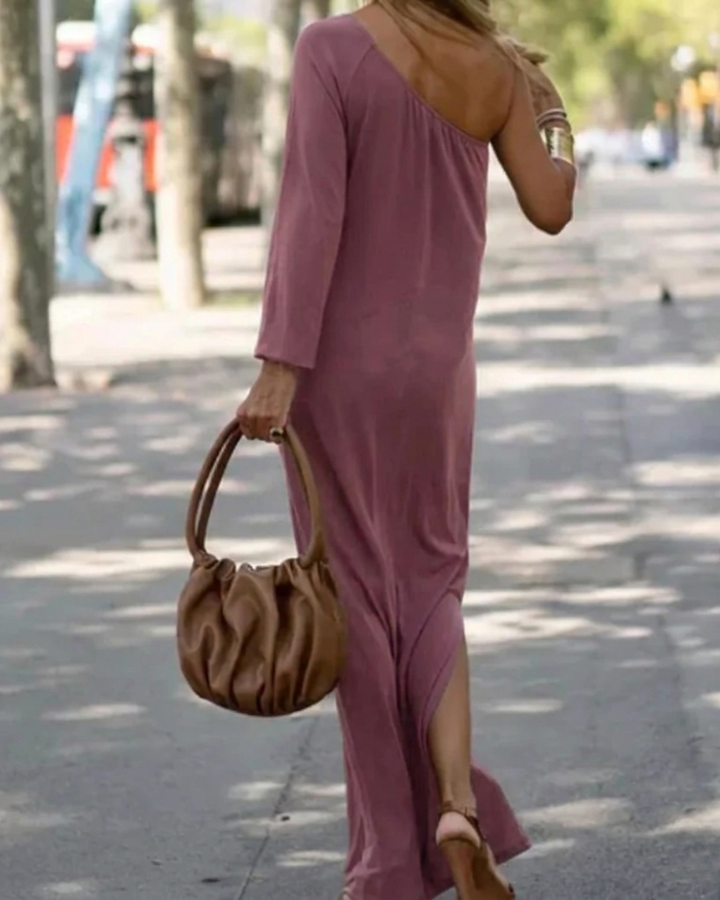 Robe maxi décontractée ample en lin pour femme, à manches longues et une épaule découverte