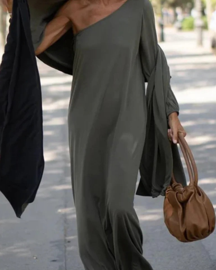 Robe maxi décontractée ample en lin pour femme, à manches longues et une épaule découverte