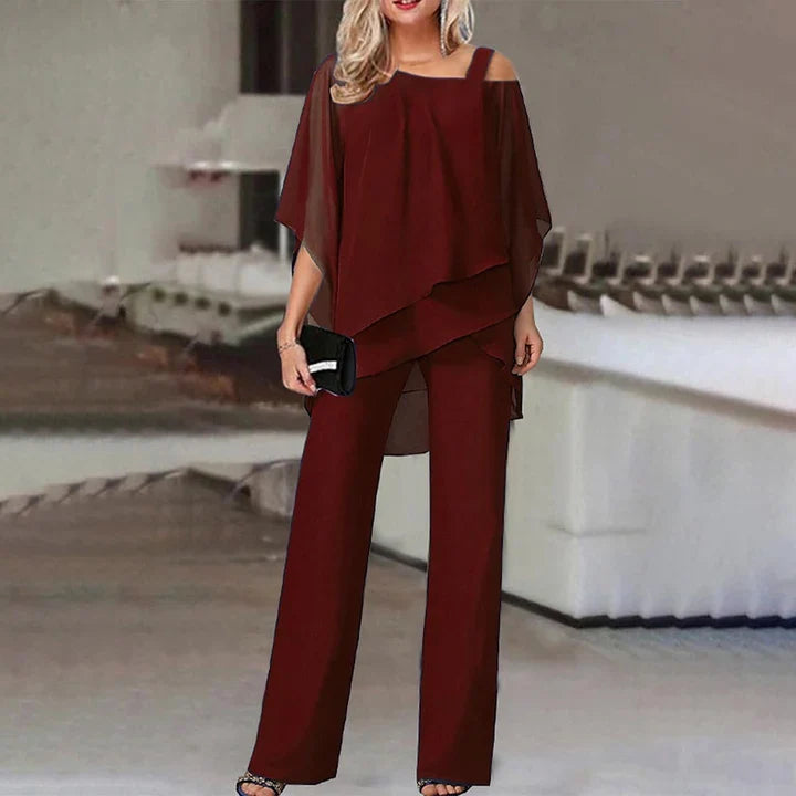 Women's Silk Off-Shoulder Top & Wide-Leg Pants Set