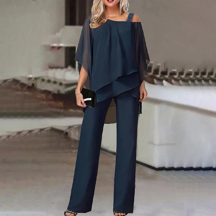 Women's Silk Off-Shoulder Top & Wide-Leg Pants Set