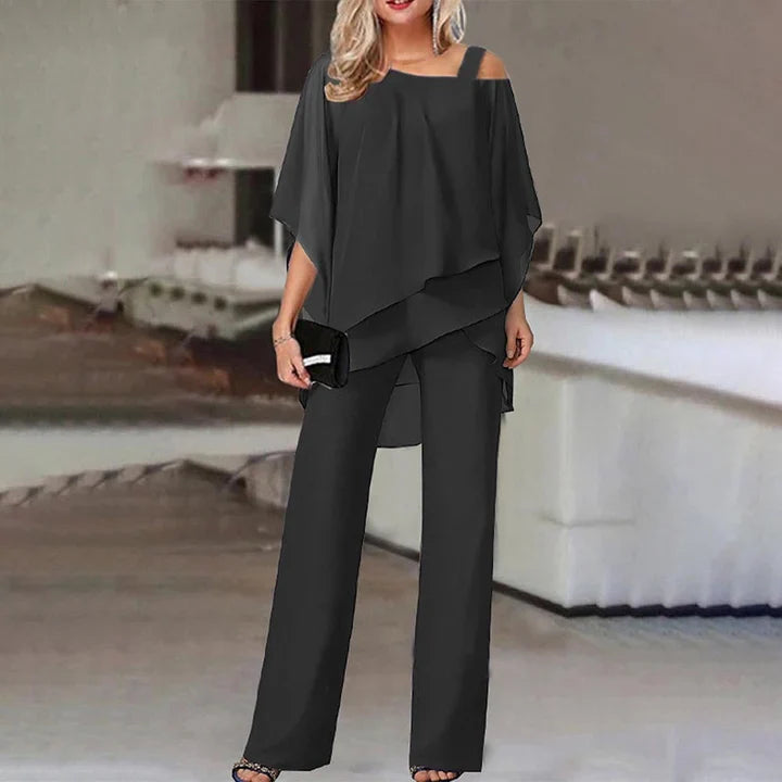 Women's Silk Off-Shoulder Top & Wide-Leg Pants Set