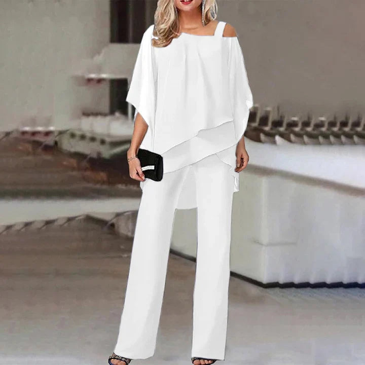 Women's Silk Off-Shoulder Top & Wide-Leg Pants Set