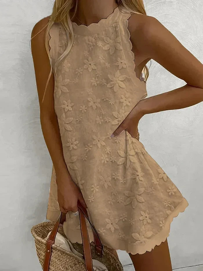 Women's Linen Lace High-Neck Mini Dress