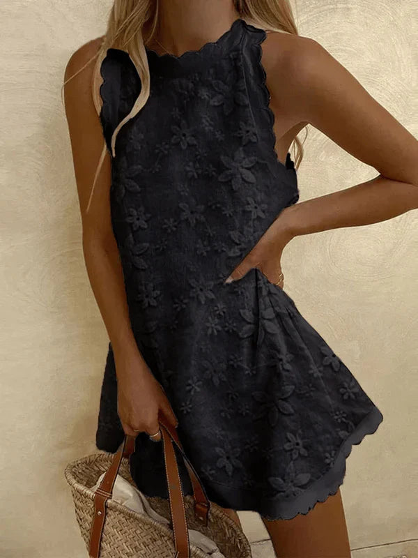 Women's Linen Lace High-Neck Mini Dress