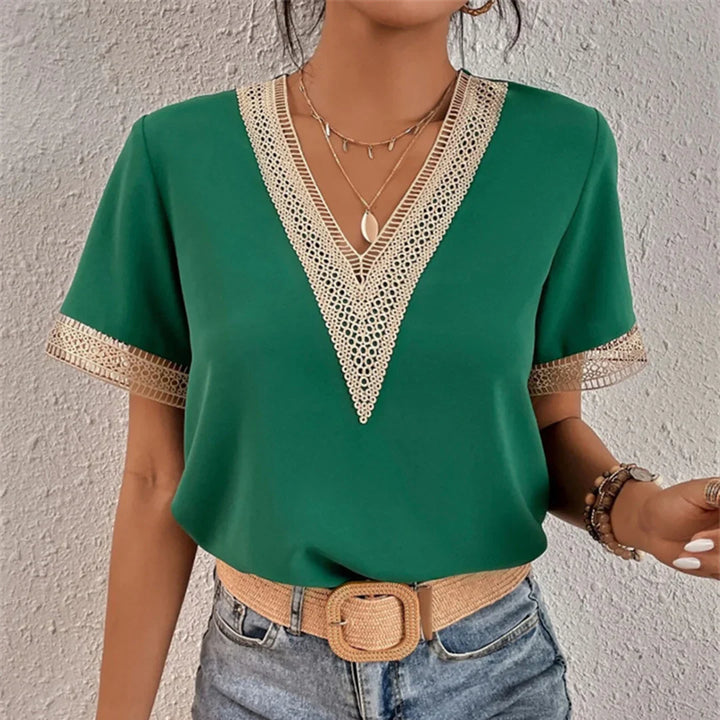 Women's Linen-Blend Crochet V-Neck Short Sleeve Blouse