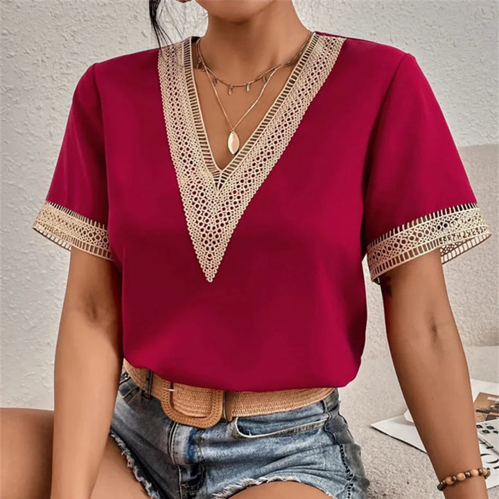 Women's Linen-Blend Crochet V-Neck Short Sleeve Blouse