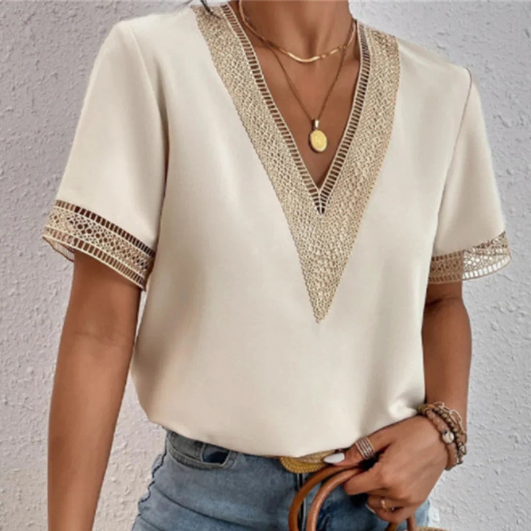 Women's Linen-Blend Crochet V-Neck Short Sleeve Blouse