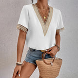 Women's Linen-Blend Crochet V-Neck Short Sleeve Blouse