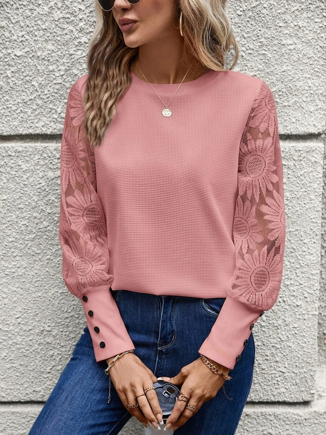 Women's Crew-Neck Floral-Lace Knit Long Sleeve Blouse