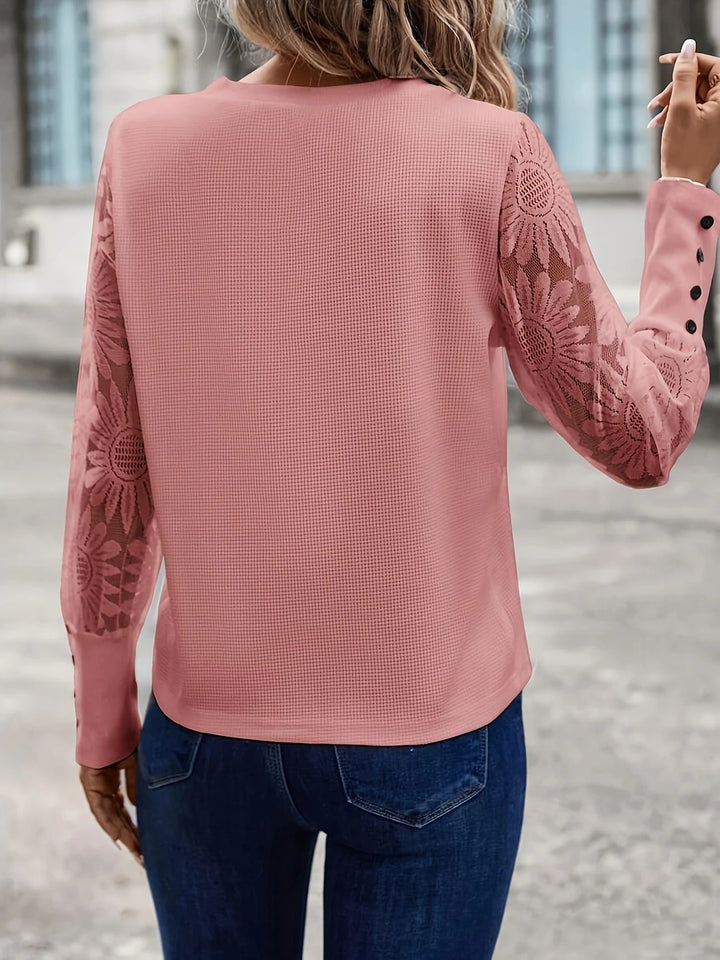 Women's Crew-Neck Floral-Lace Knit Long Sleeve Blouse