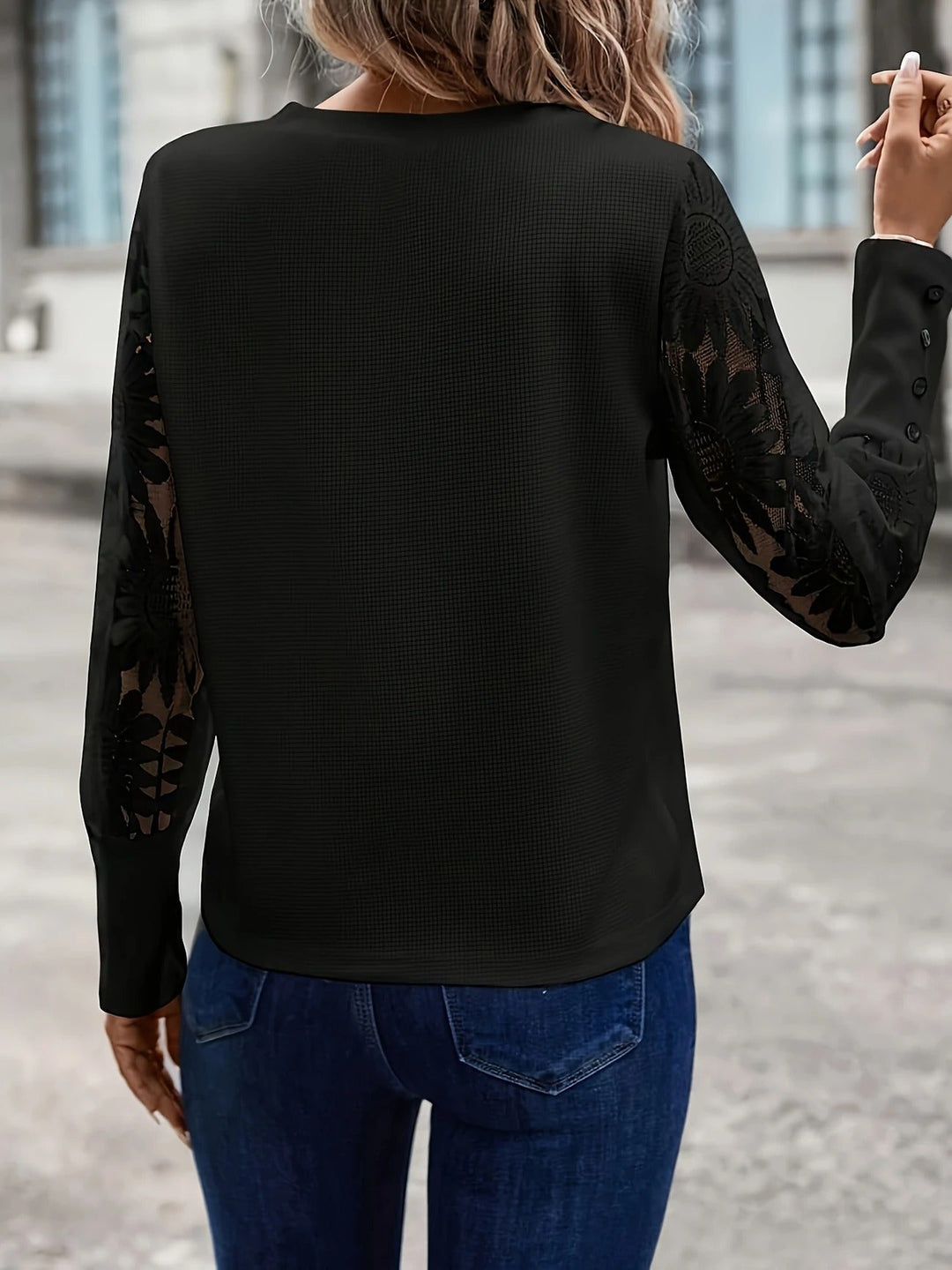 Women's Crew-Neck Floral-Lace Knit Long Sleeve Blouse