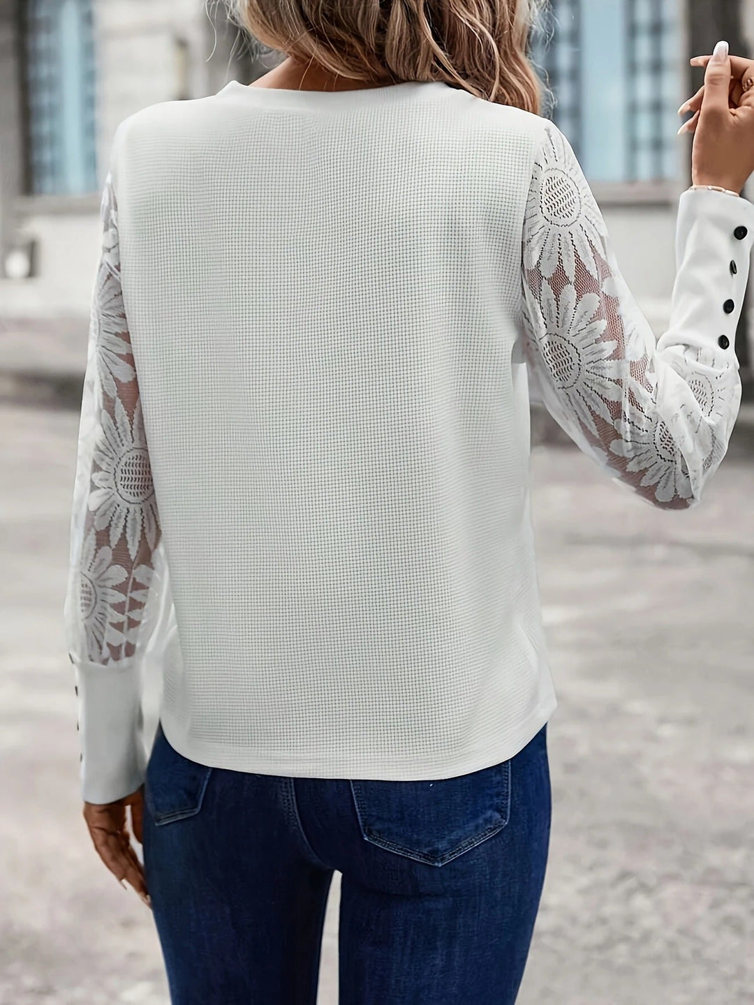 Women's Crew-Neck Floral-Lace Knit Long Sleeve Blouse