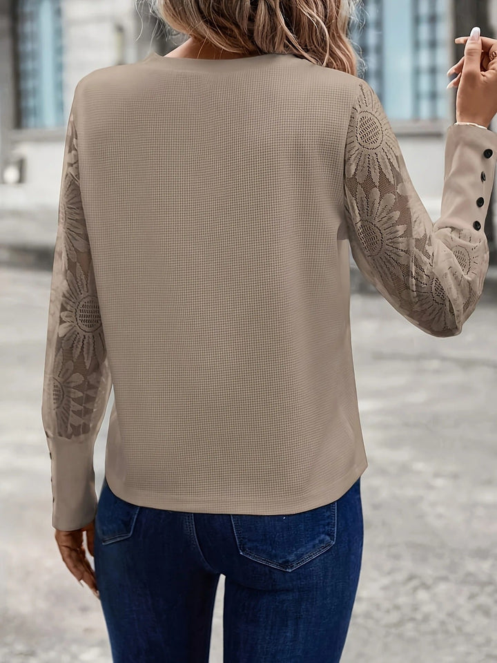Women's Crew-Neck Floral-Lace Knit Long Sleeve Blouse