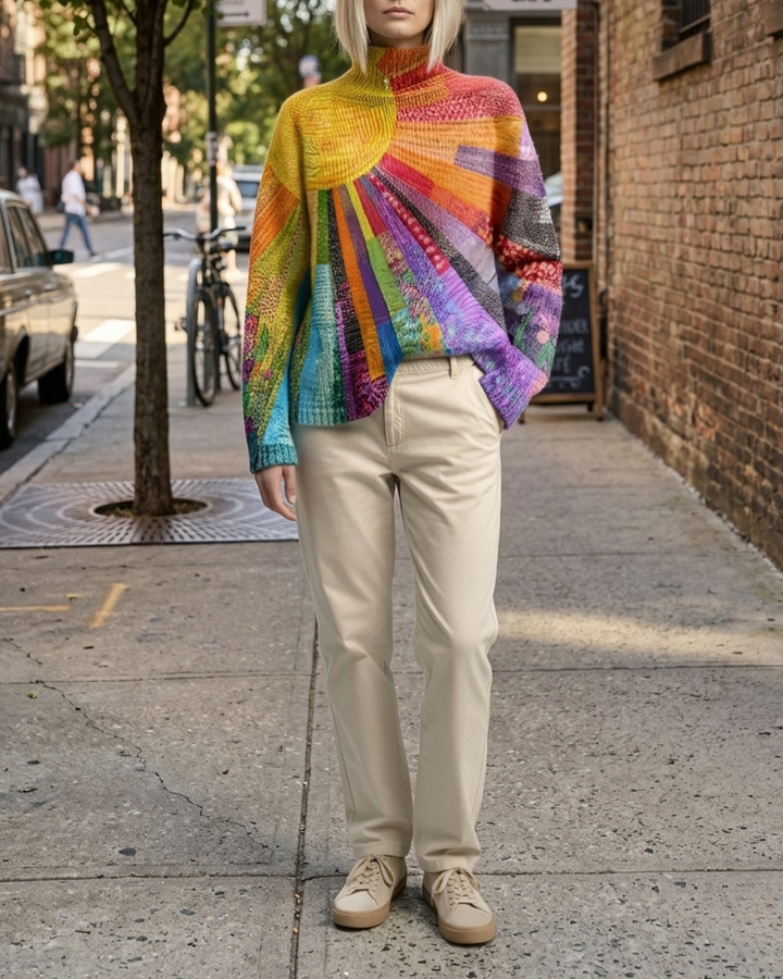 Merino Wool Sun Graphic Knit Jumper Women’s High Neck Pullover