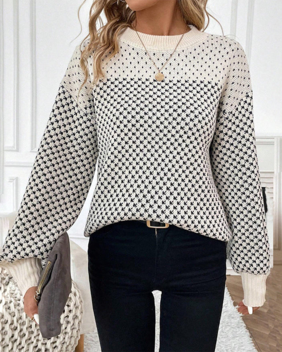 Women's Merino Wool Round Neck Knit Sweater Lantern Sleeve Pullover