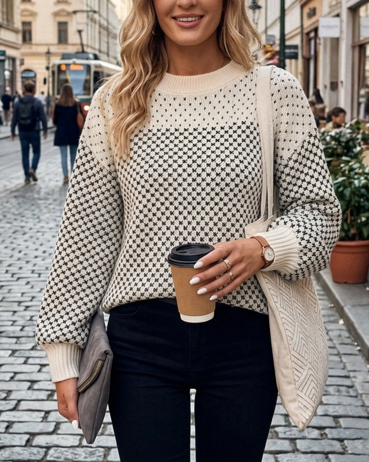 Women's Merino Wool Round Neck Knit Sweater Lantern Sleeve Pullover