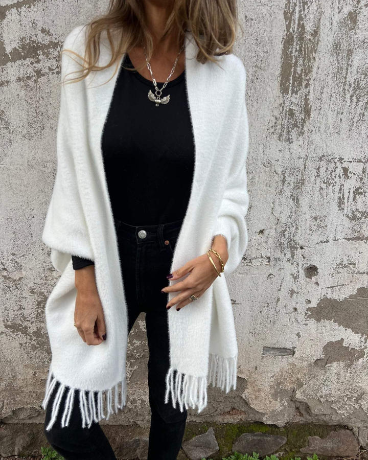 Women's Wool Knit Open-Front Fringe Cardigan Coat