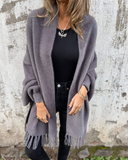 Women's Wool Knit Open-Front Fringe Cardigan Coat