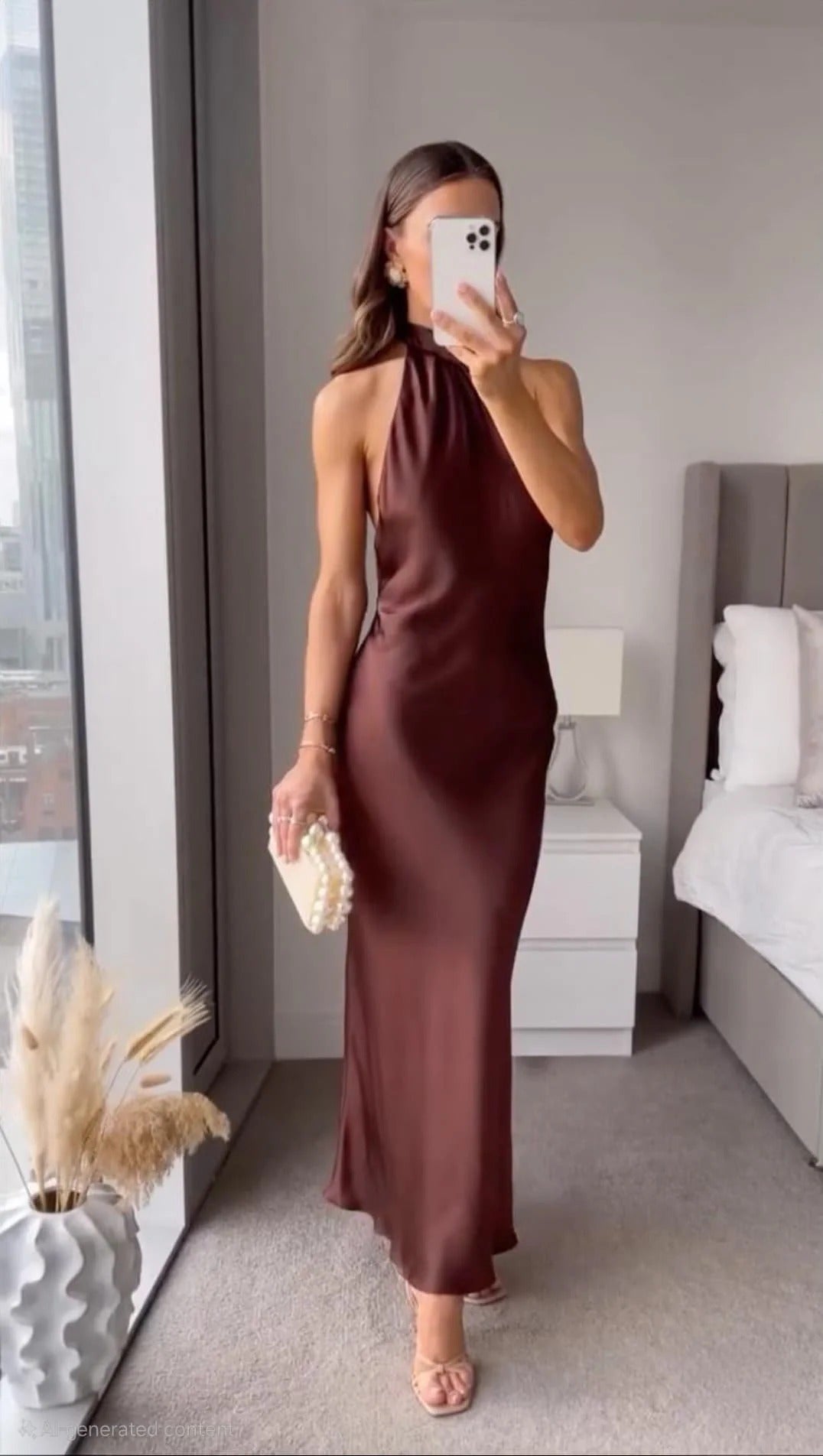 Robe longue midi en satin pour femme, col halter, robe de soirée formelle