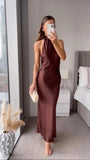 Robe longue midi en satin pour femme, col halter, robe de soirée formelle