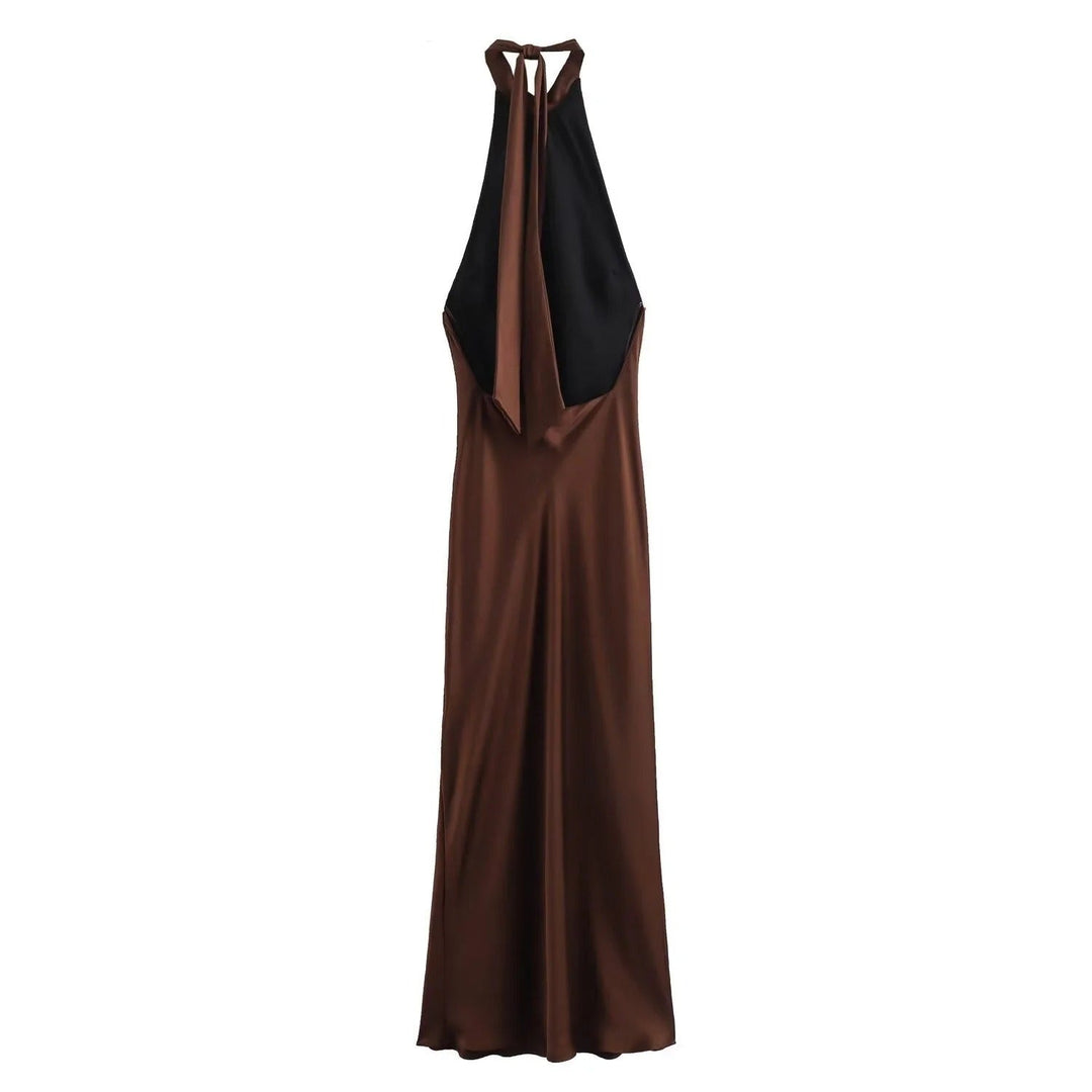 Robe longue midi en satin pour femme, col halter, robe de soirée formelle