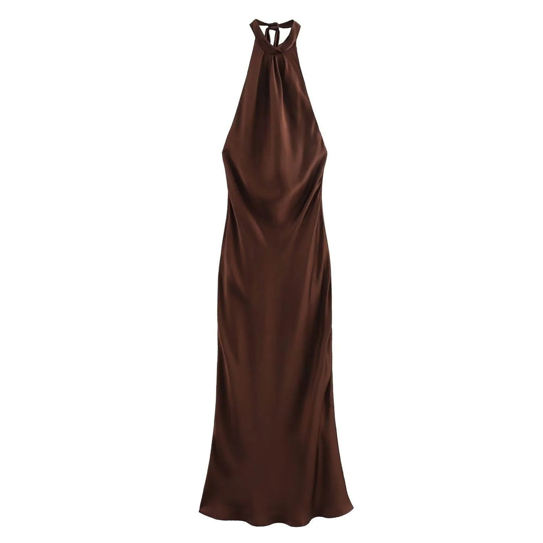 Robe longue midi en satin pour femme, col halter, robe de soirée formelle