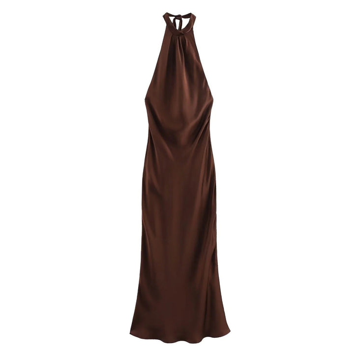 Robe longue midi en satin pour femme, col halter, robe de soirée formelle