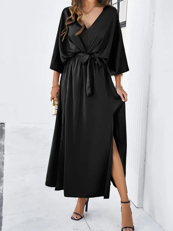 Women's V-Neck Tie Waist Linen Blend Maxi Dress