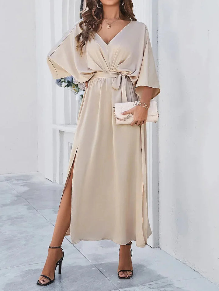Women's V-Neck Tie Waist Linen Blend Maxi Dress