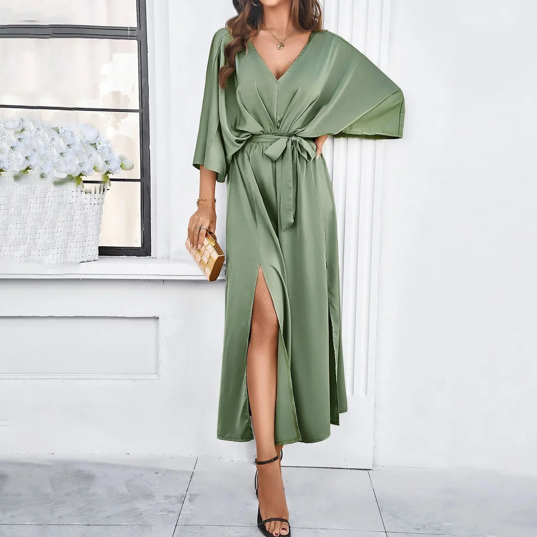 Women's V-Neck Tie Waist Linen Blend Maxi Dress