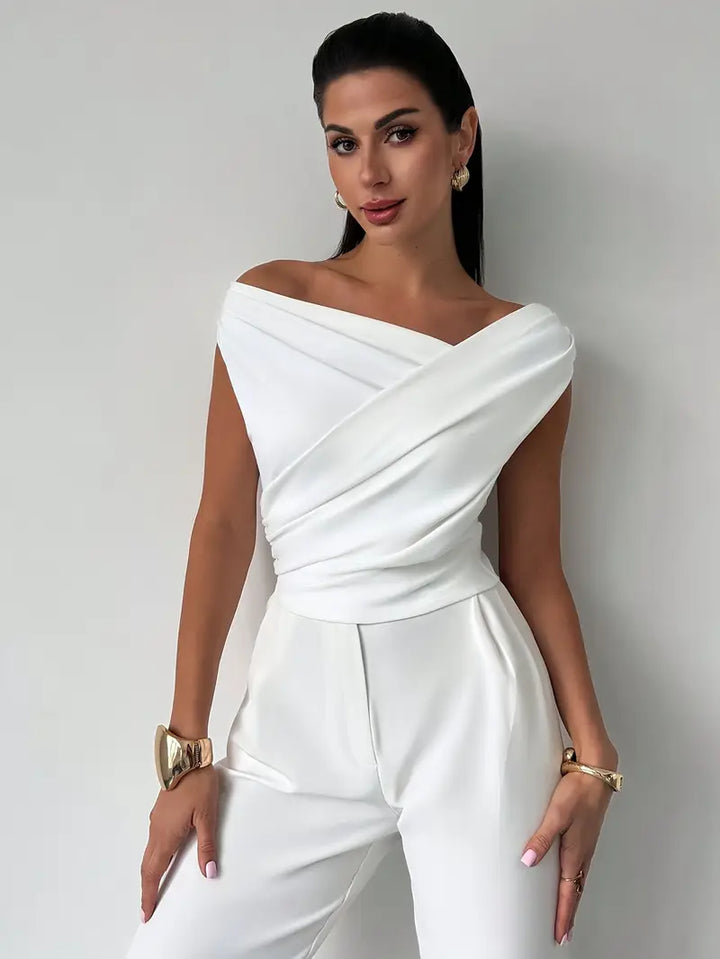 Women's Knit Draped Cross-Shoulder Short Sleeve Blouse
